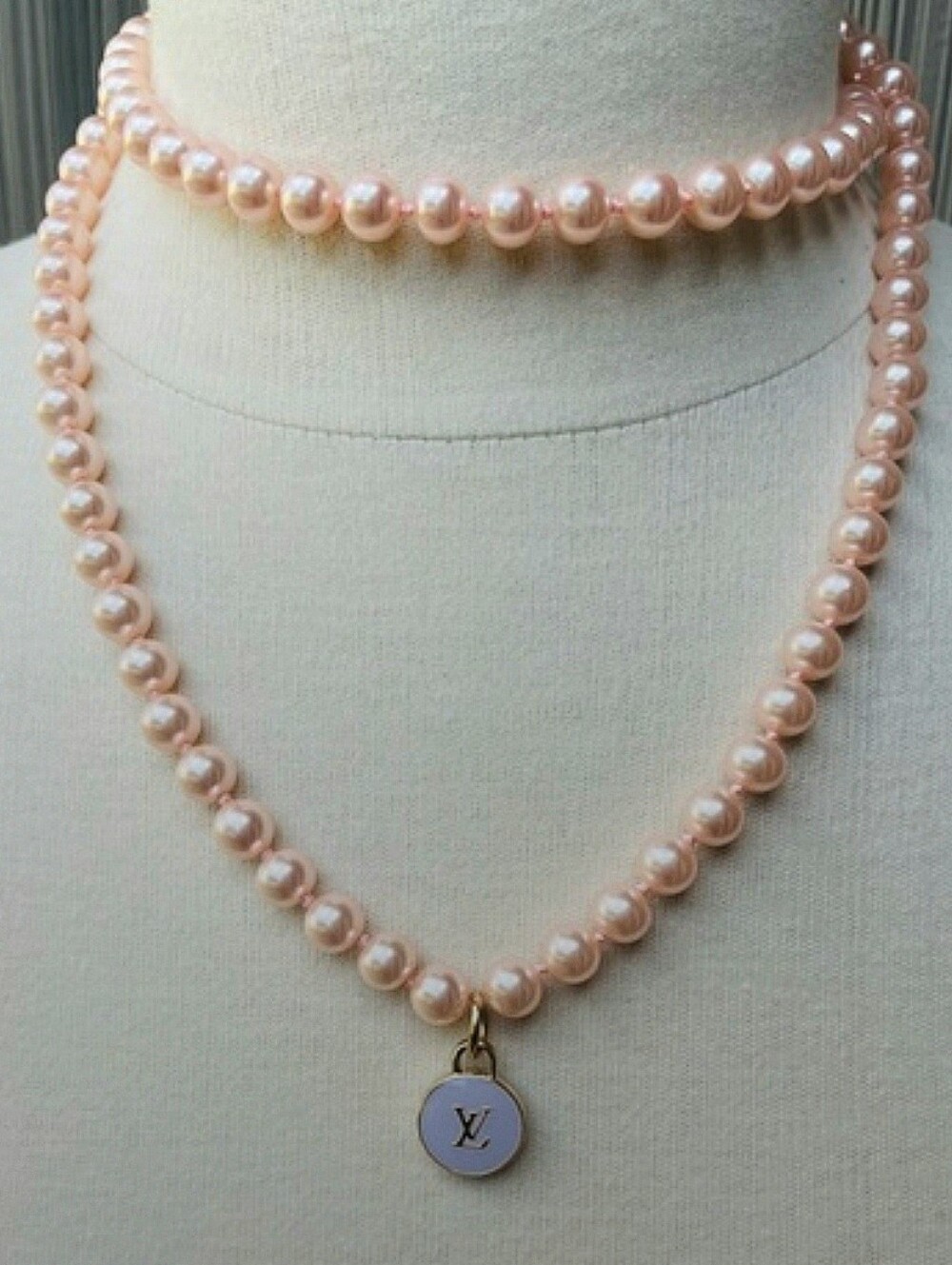 Elegant Pink Pearl Necklace with Authentic LV Purple Gold Charm Reworked